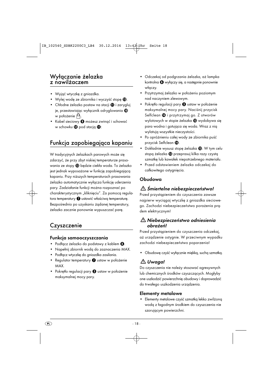 Wyłączanie żelazka z nawilżaczem, Funkcja zapobiegająca kapaniu, Czyszczenie | Silvercrest SDBK 2200 C3 User Manual | Page 21 / 73
