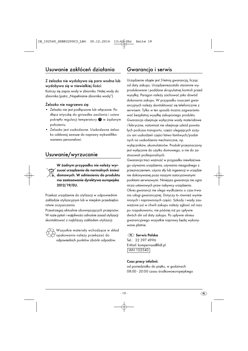 Usuwanie zakłóceń działania, Usuwanie/wyrzucanie, Gwarancja i serwis | Silvercrest SDBK 2200 C3 User Manual | Page 22 / 73