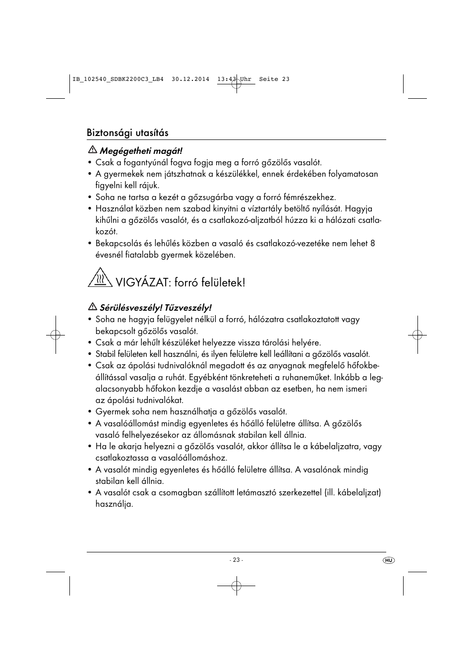 Vigyázat: forró felületek, Biztonsági utasítás | Silvercrest SDBK 2200 C3 User Manual | Page 26 / 73
