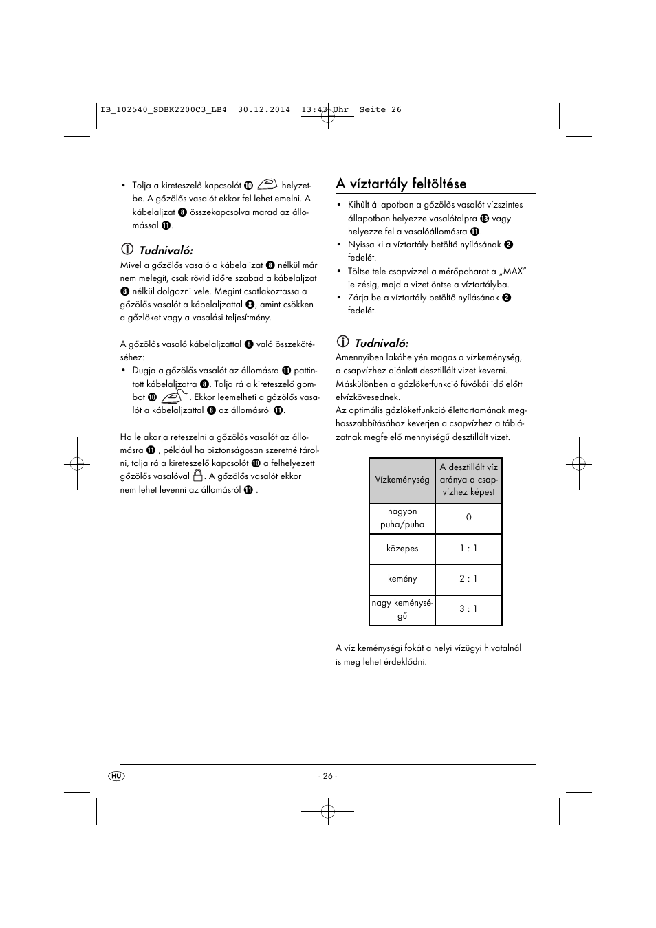 A víztartály feltöltése, Tudnivaló | Silvercrest SDBK 2200 C3 User Manual | Page 29 / 73
