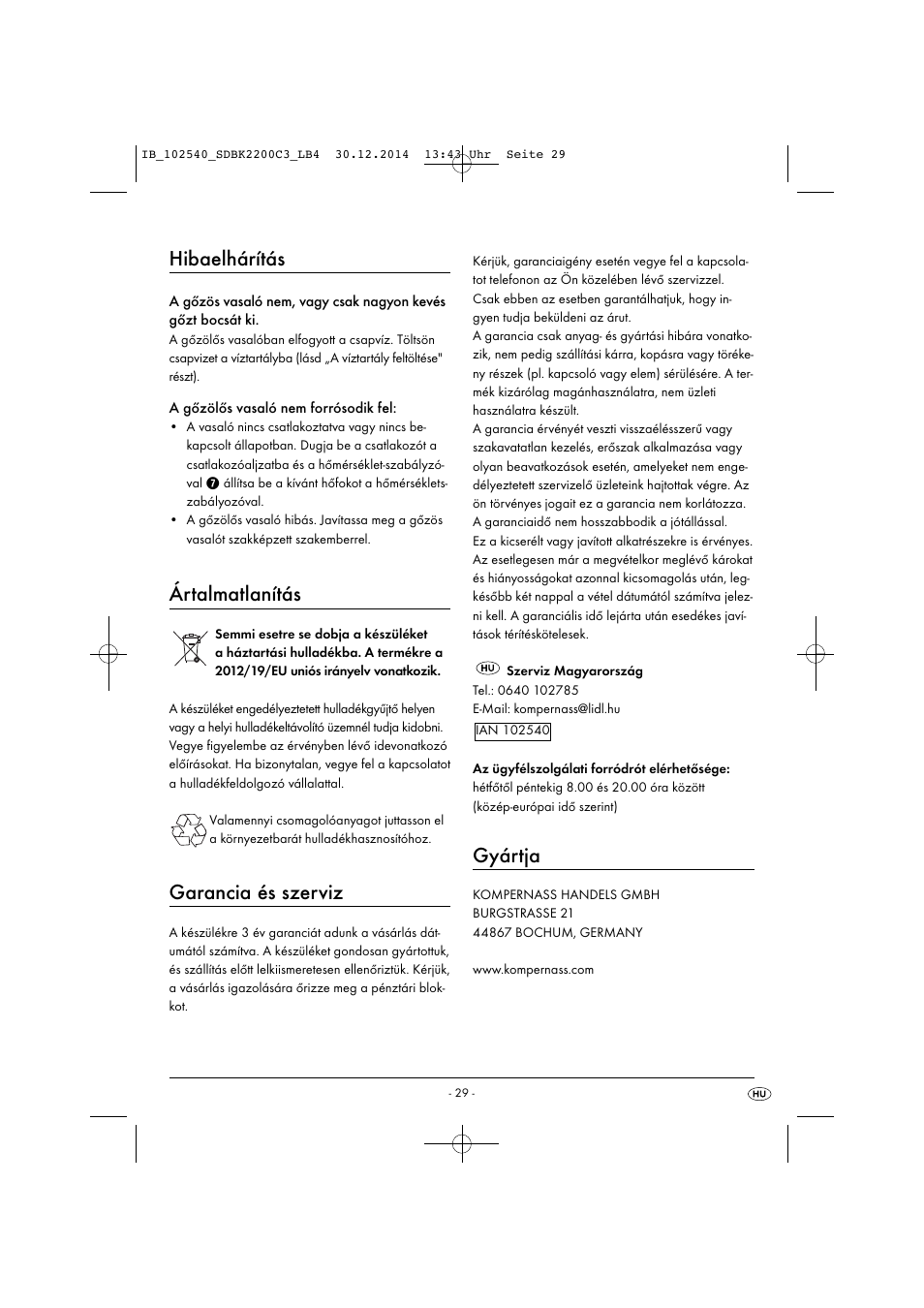Hibaelhárítás, Ártalmatlanítás, Garancia és szerviz | Gyártja | Silvercrest SDBK 2200 C3 User Manual | Page 32 / 73