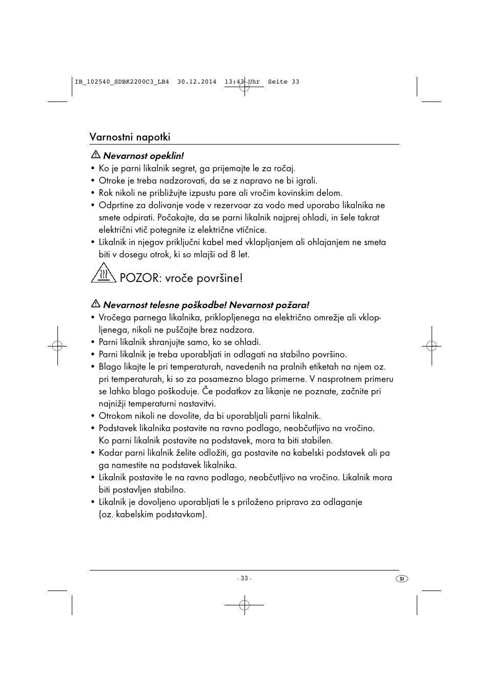 Pozor: vroče površine, Varnostni napotki | Silvercrest SDBK 2200 C3 User Manual | Page 36 / 73