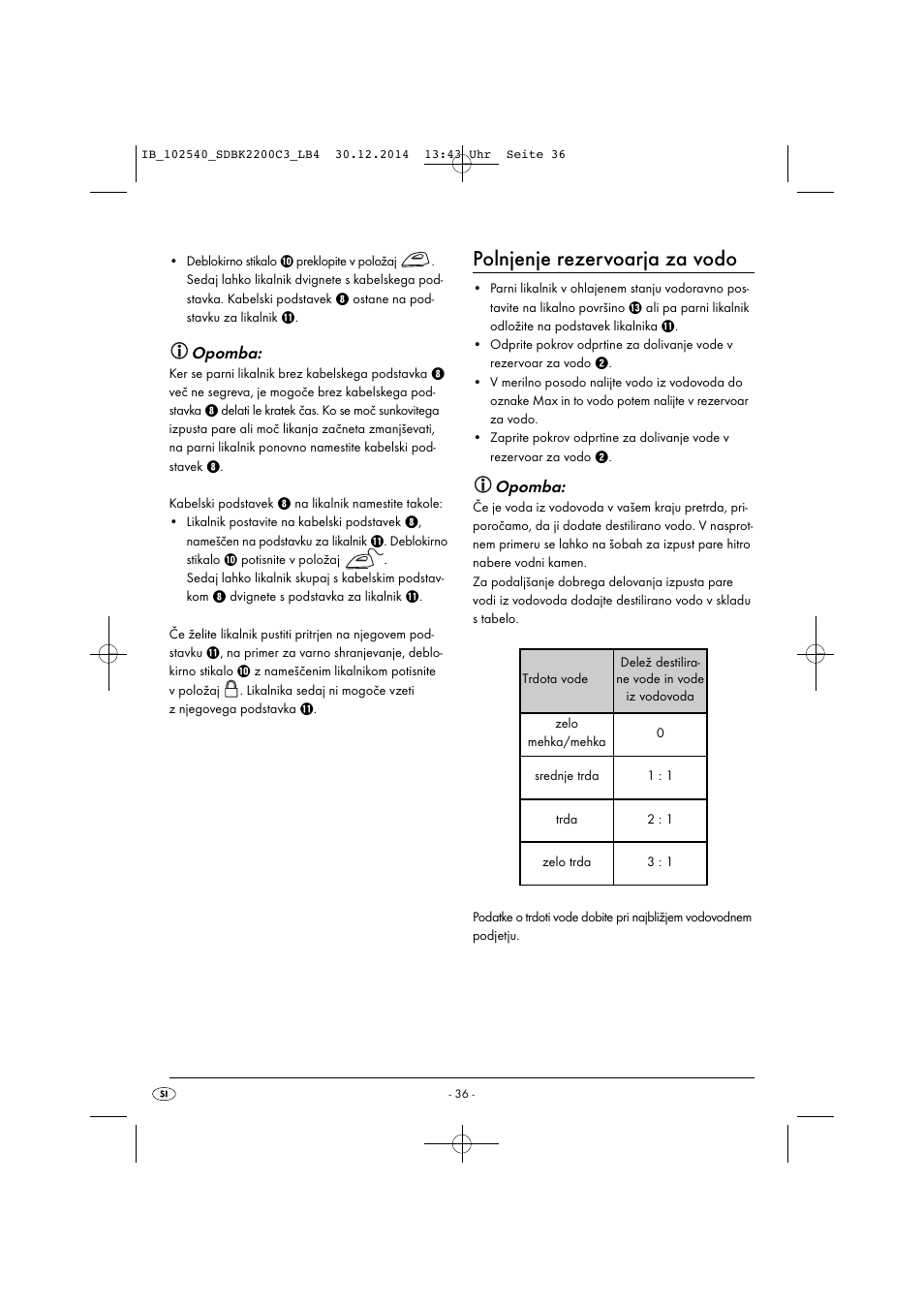 Polnjenje rezervoarja za vodo, Opomba | Silvercrest SDBK 2200 C3 User Manual | Page 39 / 73