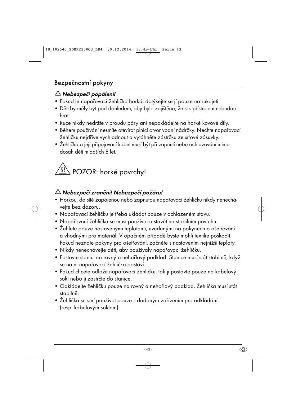 Pozor: horké povrchy, Bezpečnostní pokyny | Silvercrest SDBK 2200 C3 User Manual | Page 46 / 73
