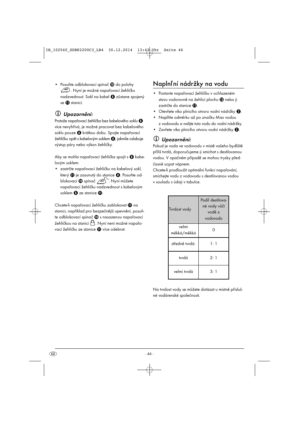 Naplnľní nádržky na vodu, Upozornění | Silvercrest SDBK 2200 C3 User Manual | Page 49 / 73