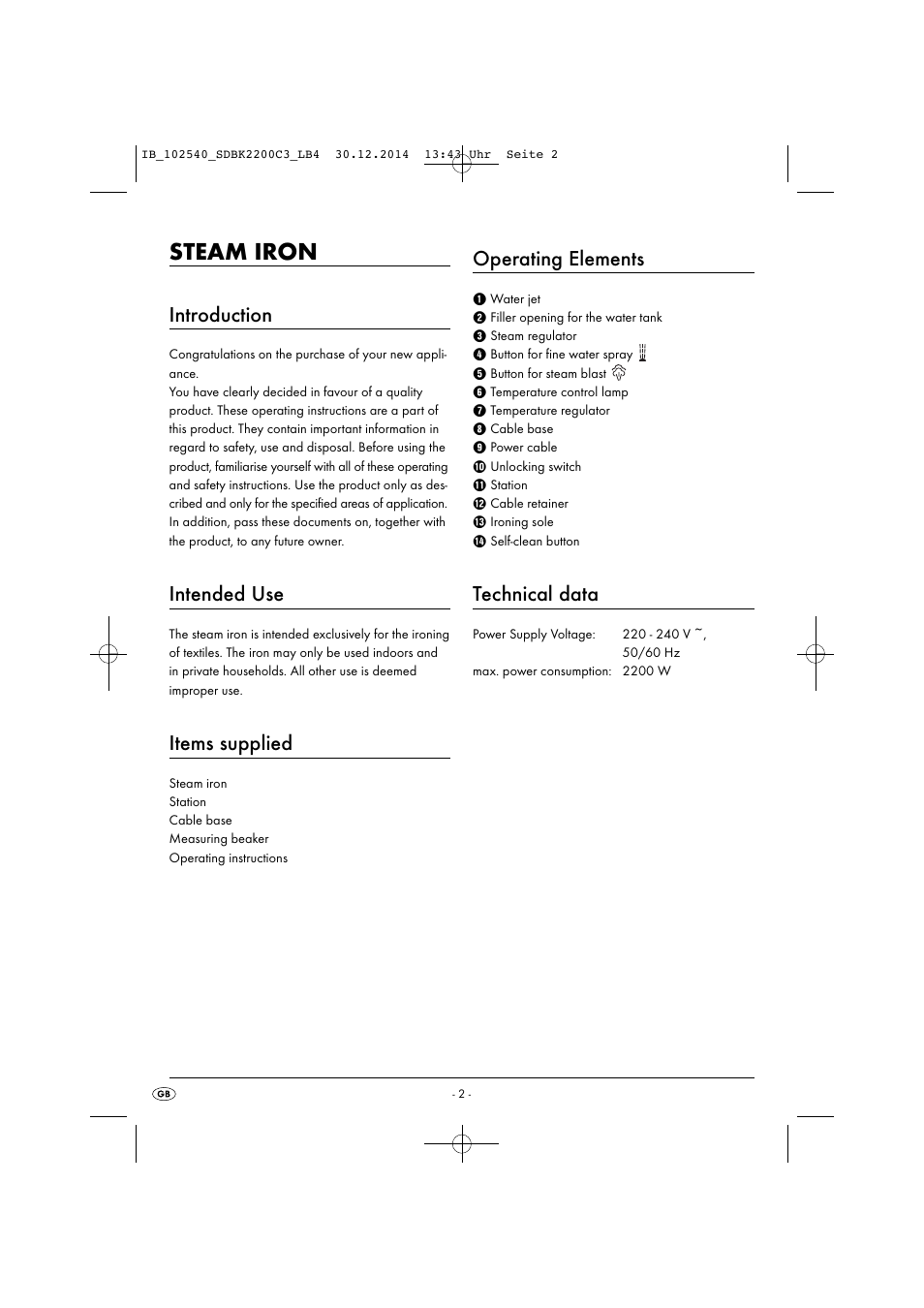 Steam iron, Introduction, Intended use | Items supplied, Operating elements, Technical data | Silvercrest SDBK 2200 C3 User Manual | Page 5 / 73