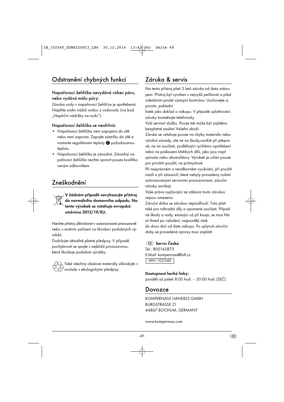 Odstranění chybných funkcí, Zneškodnění, Záruka & servis | Dovozce | Silvercrest SDBK 2200 C3 User Manual | Page 52 / 73