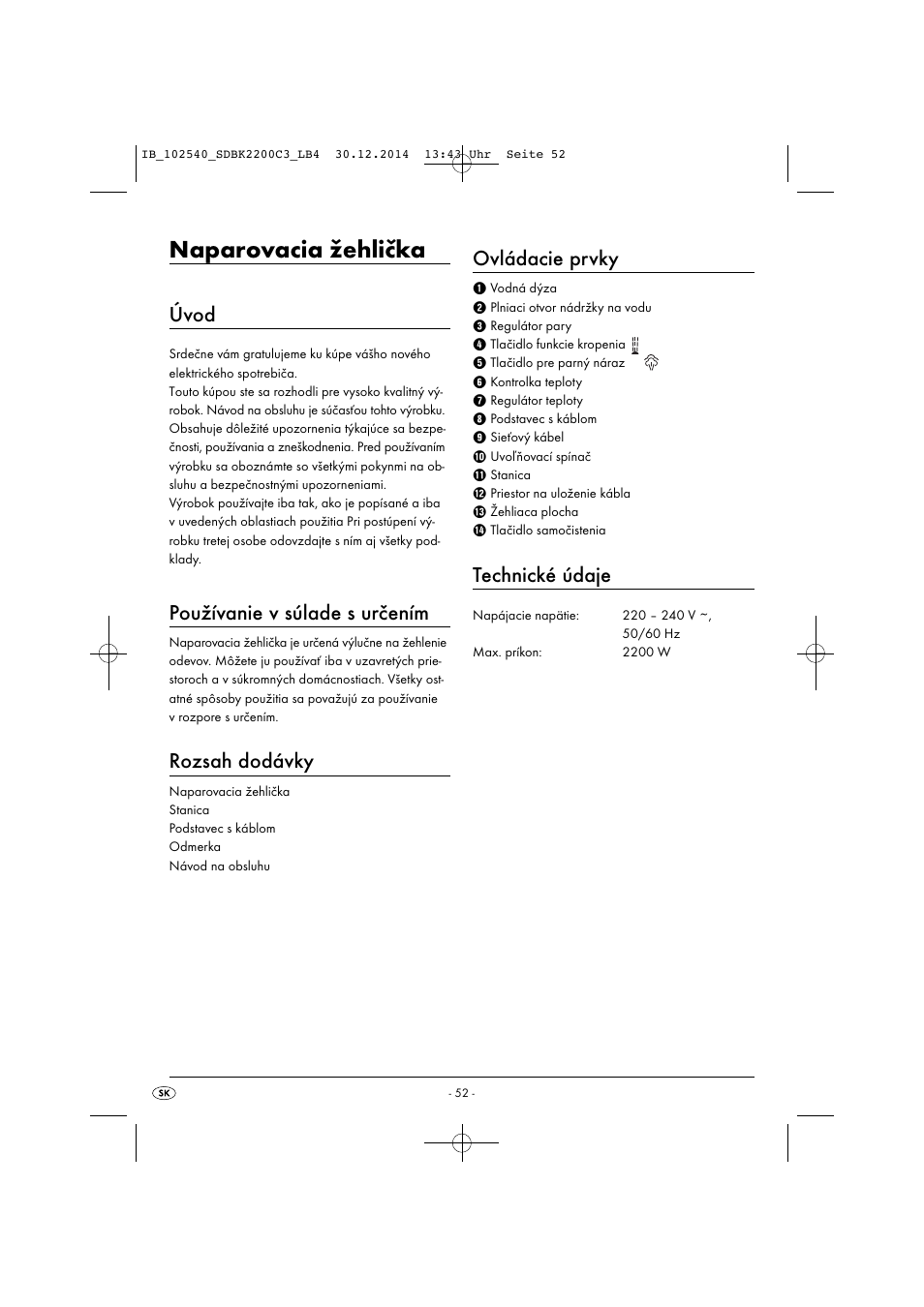 Naparovacia žehlička, Úvod, Používanie v súlade s určením | Rozsah dodávky, Ovládacie prvky, Technické údaje | Silvercrest SDBK 2200 C3 User Manual | Page 55 / 73