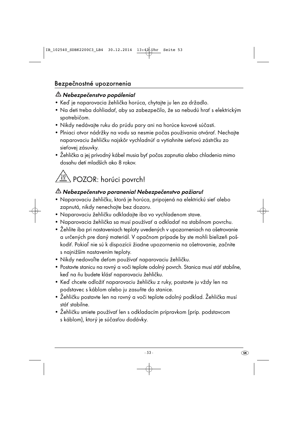Pozor: horúci povrch, Bezpečnostné upozornenia | Silvercrest SDBK 2200 C3 User Manual | Page 56 / 73