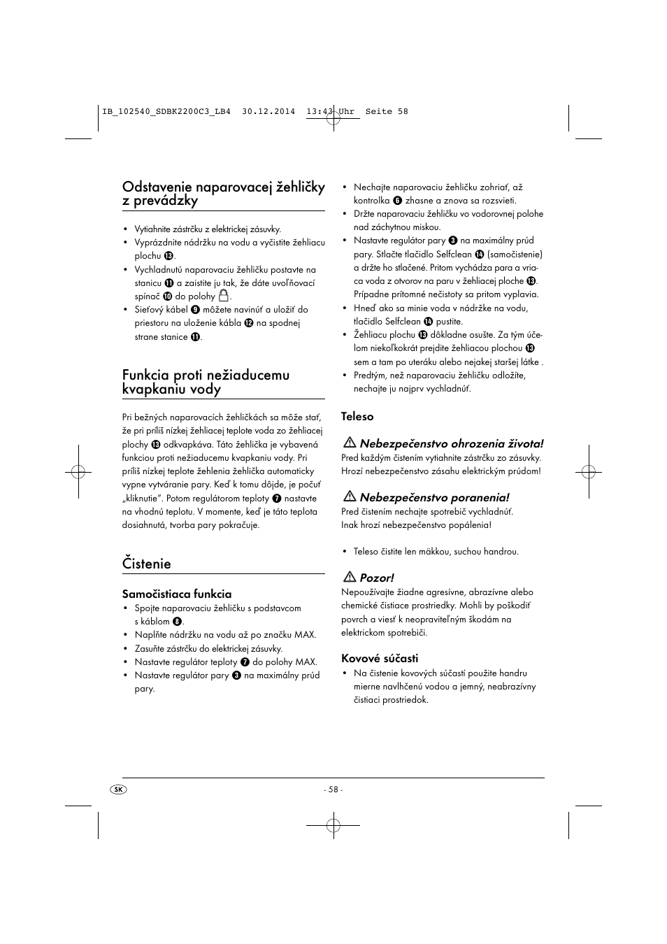 Odstavenie naparovacej žehličky z prevádzky, Funkcia proti nežiaducemu kvapkaniu vody, Čistenie | Silvercrest SDBK 2200 C3 User Manual | Page 61 / 73