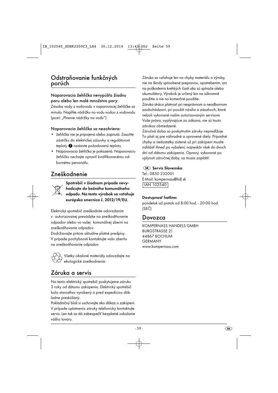 Odstraňovanie funkčných porúch, Zneškodnenie, Záruka a servis | Dovozca | Silvercrest SDBK 2200 C3 User Manual | Page 62 / 73