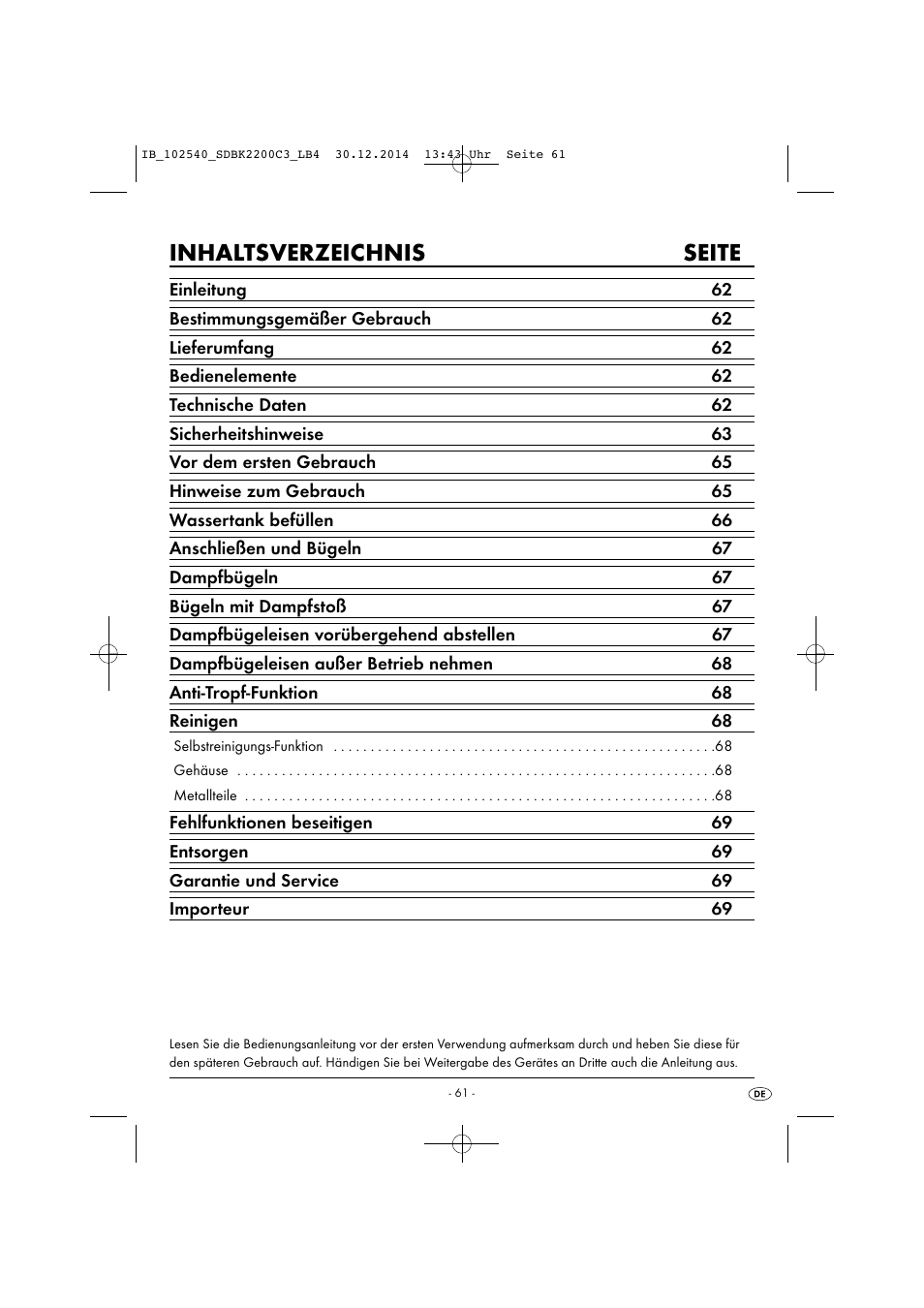 Inhaltsverzeichnis seite | Silvercrest SDBK 2200 C3 User Manual | Page 64 / 73