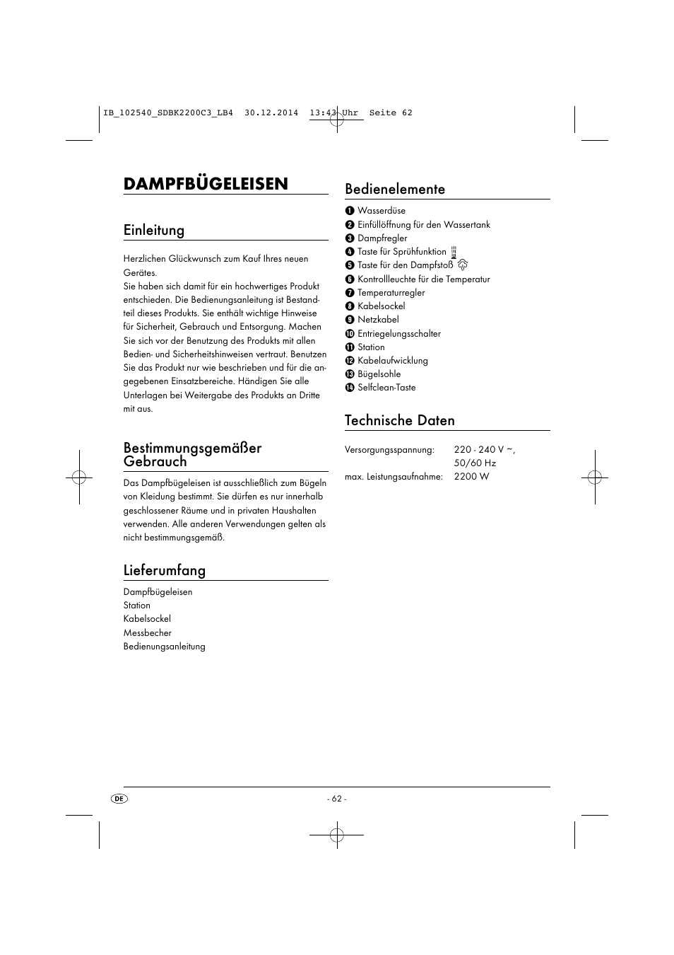 Dampfbügeleisen, Einleitung, Bestimmungsgemäßer gebrauch | Lieferumfang, Bedienelemente, Technische daten | Silvercrest SDBK 2200 C3 User Manual | Page 65 / 73