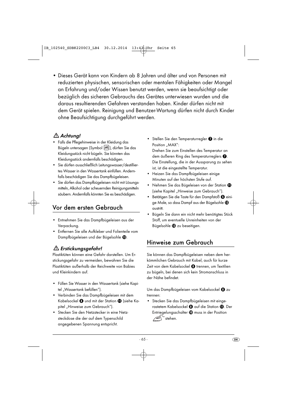 Vor dem ersten gebrauch, Hinweise zum gebrauch, Achtung | Erstickungsgefahr | Silvercrest SDBK 2200 C3 User Manual | Page 68 / 73