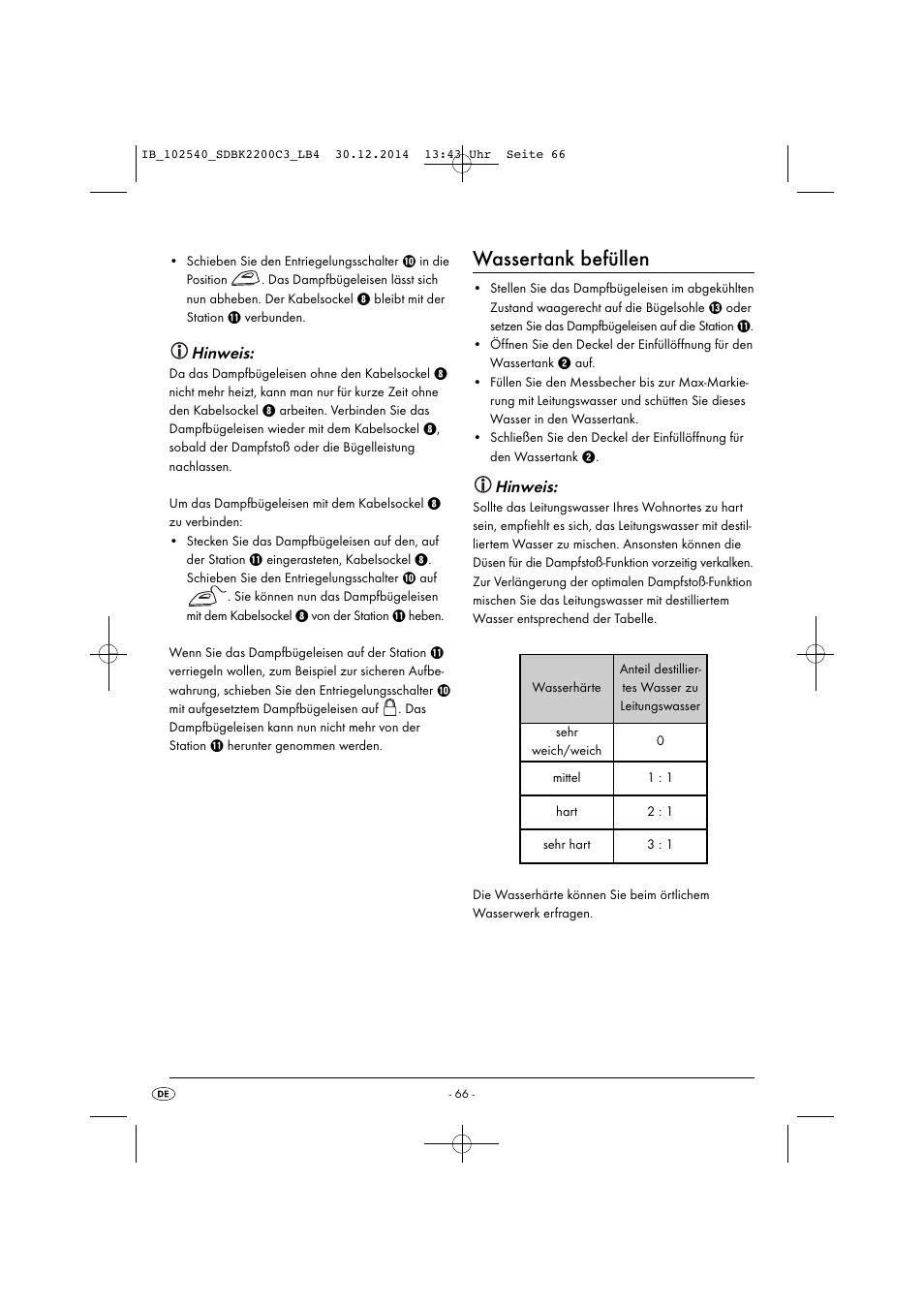 Wassertank befüllen, Hinweis | Silvercrest SDBK 2200 C3 User Manual | Page 69 / 73