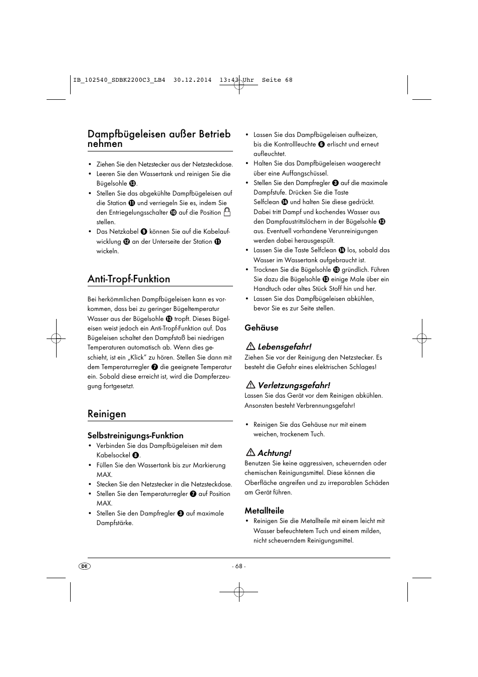 Dampfbügeleisen außer betrieb nehmen, Anti-tropf-funktion, Reinigen | Selbstreinigungs-funktion, Gehäuse lebensgefahr, Verletzungsgefahr, Achtung, Metallteile | Silvercrest SDBK 2200 C3 User Manual | Page 71 / 73