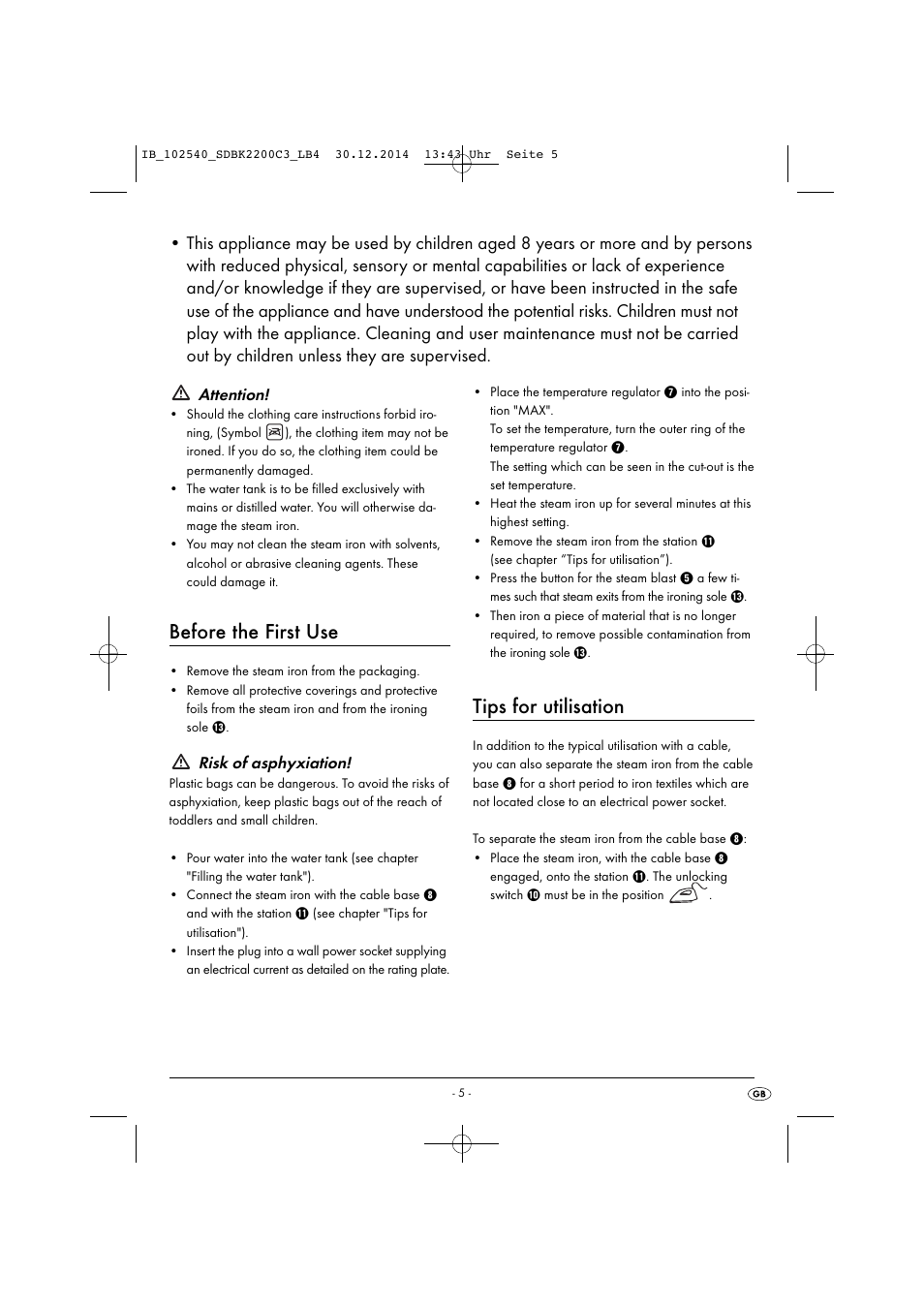 Before the first use, Tips for utilisation, Attention | Risk of asphyxiation | Silvercrest SDBK 2200 C3 User Manual | Page 8 / 73