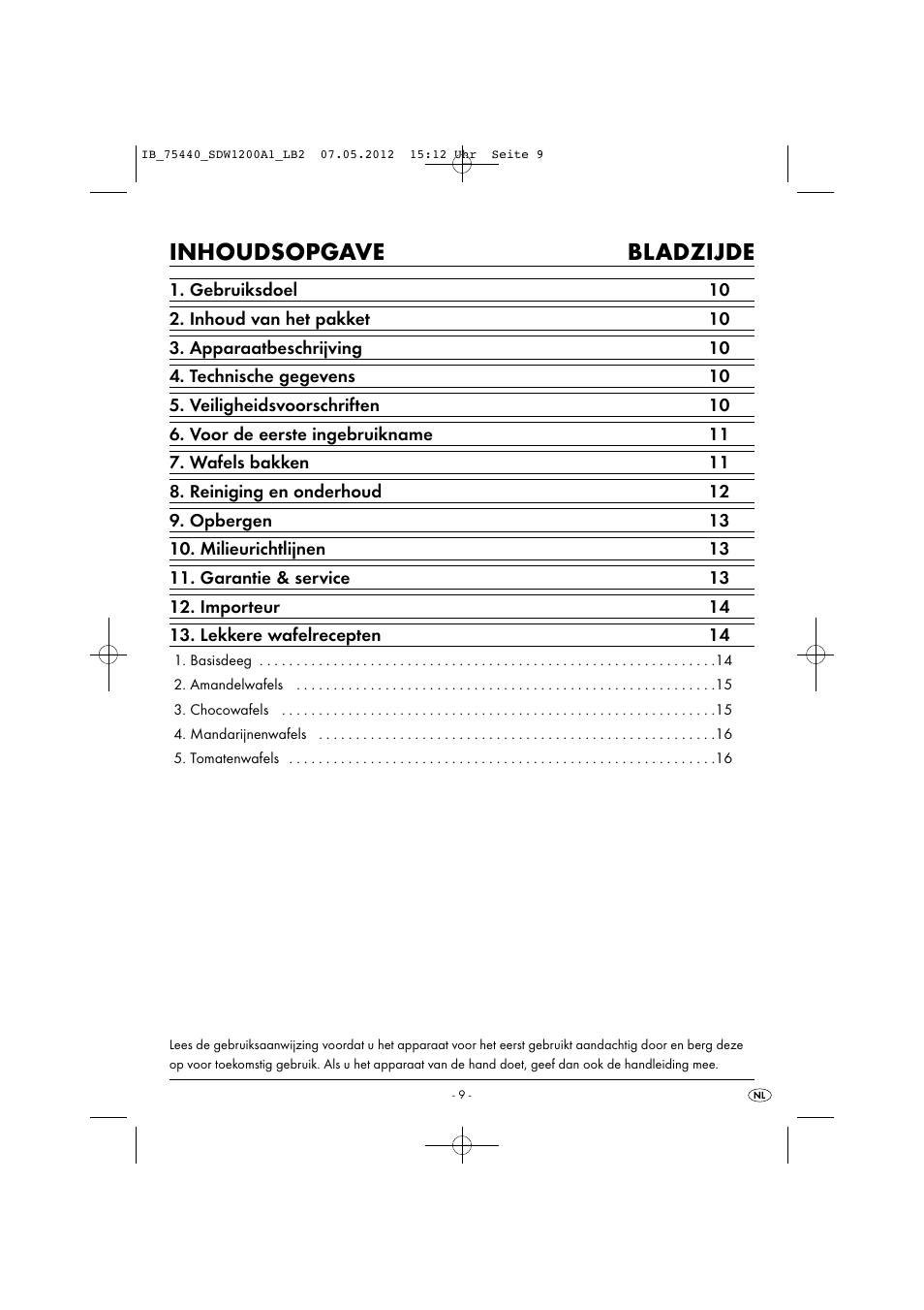 Inhoudsopgave bladzijde | Silvercrest SDW 1200 A1 User Manual | Page 11 / 34