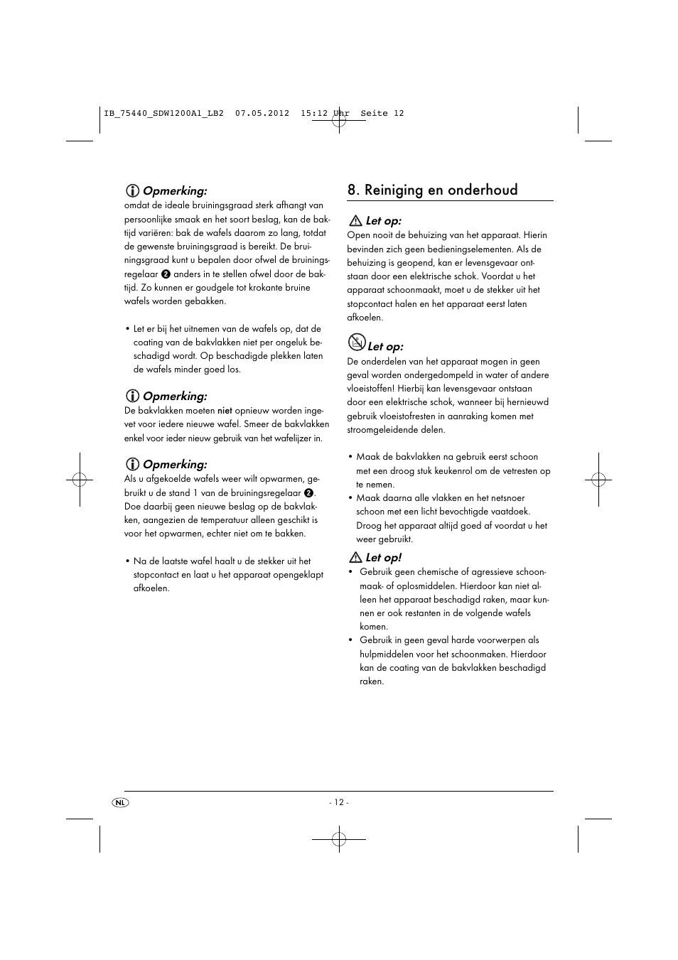 Reiniging en onderhoud, Opmerking, Let op | Silvercrest SDW 1200 A1 User Manual | Page 14 / 34