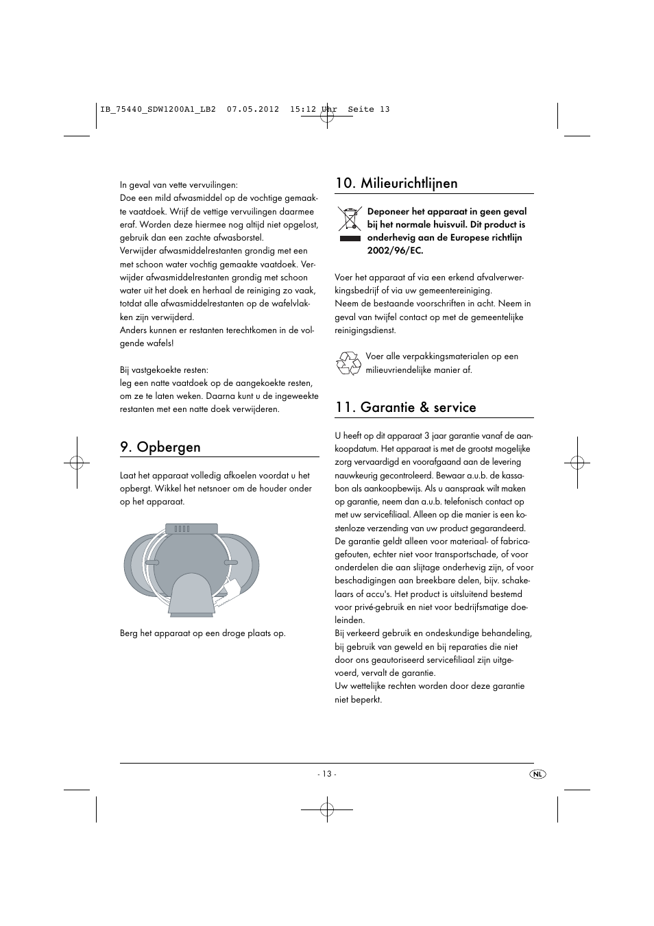 Opbergen, Milieurichtlijnen, Garantie & service | Silvercrest SDW 1200 A1 User Manual | Page 15 / 34