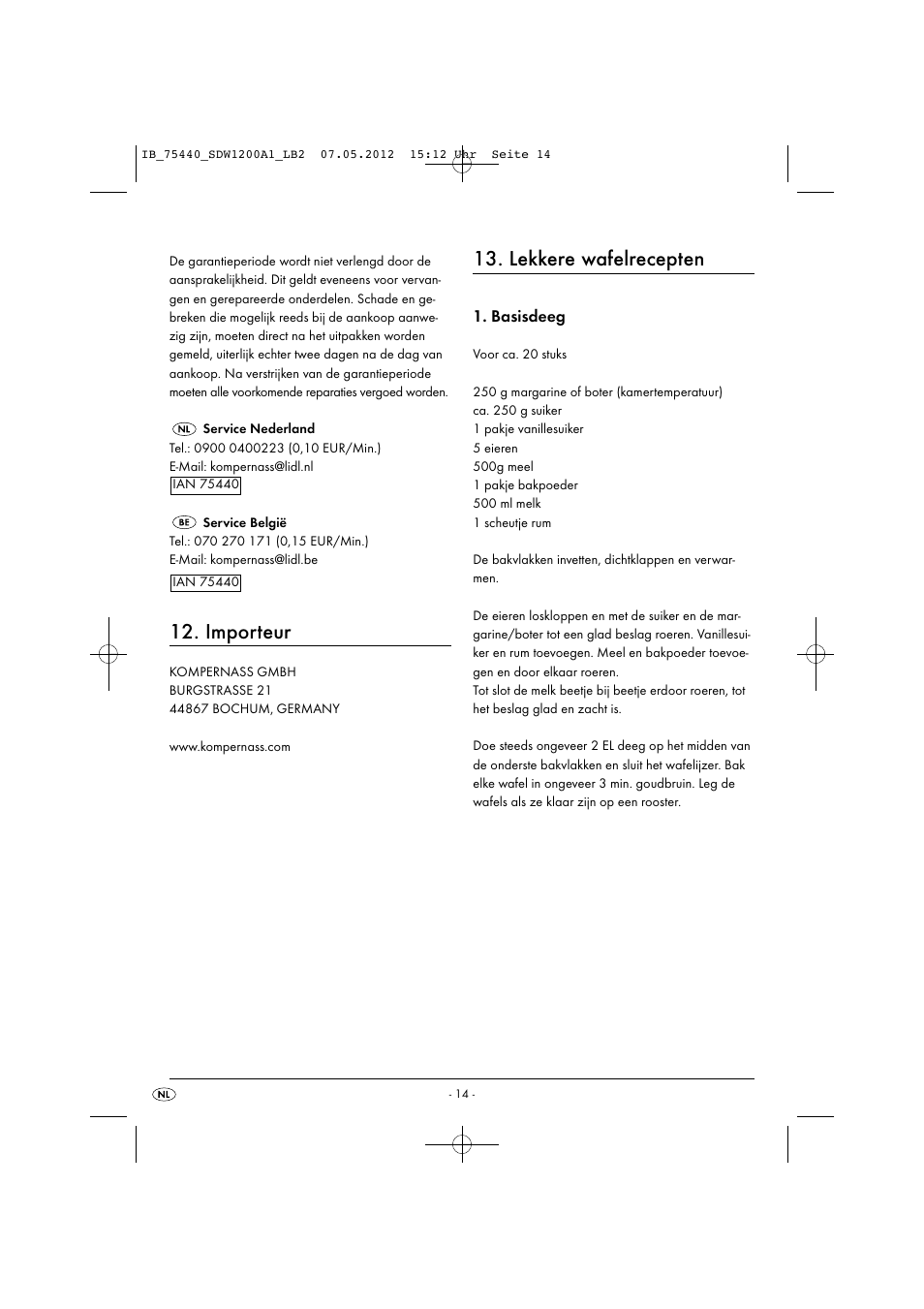 Importeur, Lekkere wafelrecepten, Basisdeeg | Silvercrest SDW 1200 A1 User Manual | Page 16 / 34