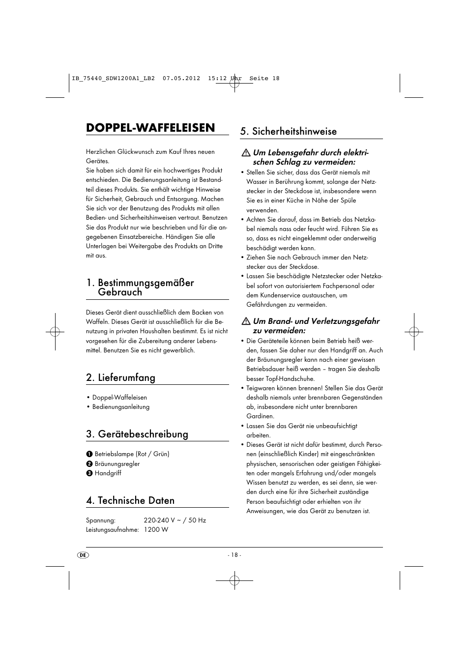 Doppel-waffeleisen, Bestimmungsgemäßer gebrauch, Lieferumfang | Gerätebeschreibung, Technische daten, Sicherheitshinweise | Silvercrest SDW 1200 A1 User Manual | Page 20 / 34