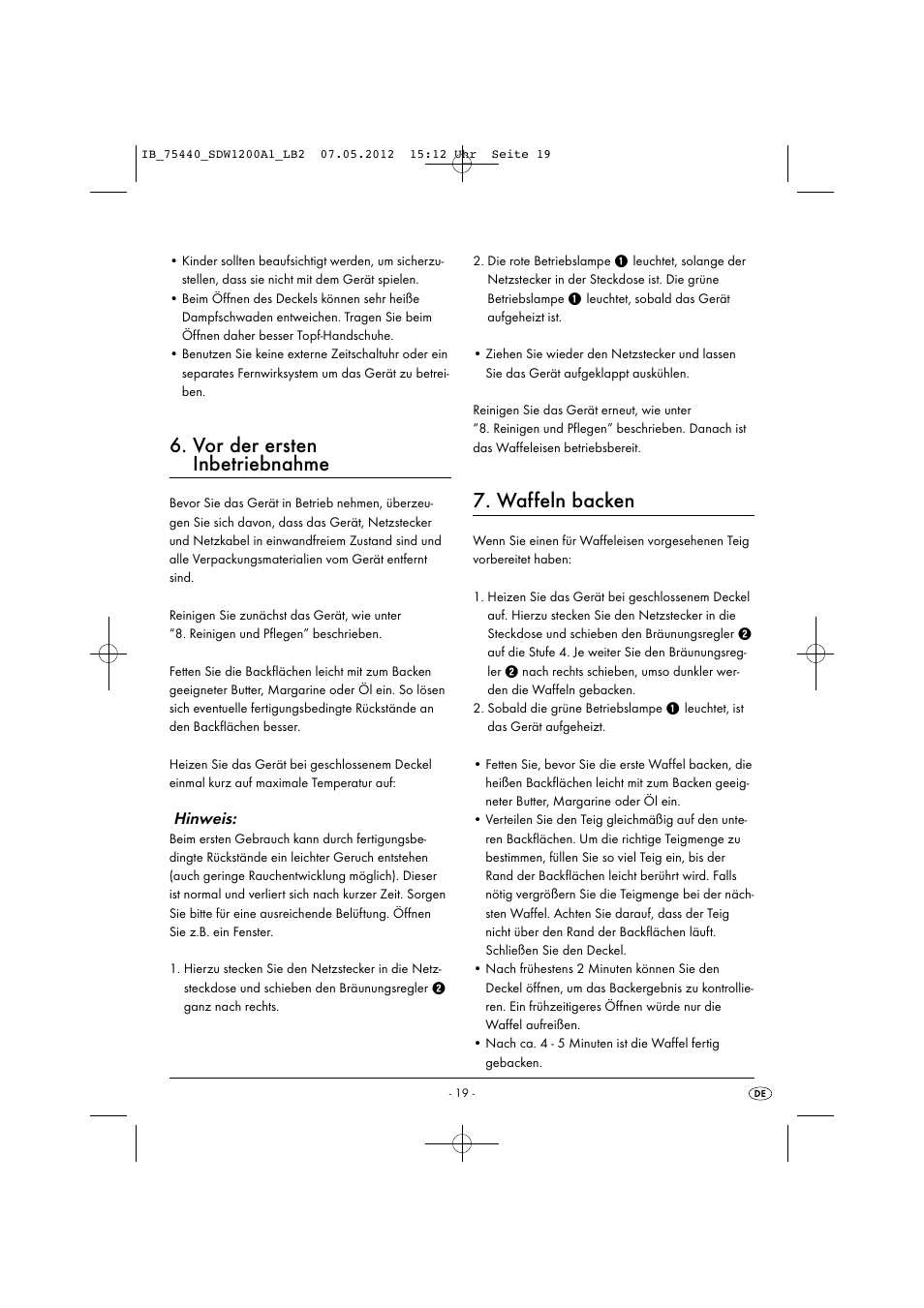 Vor der ersten inbetriebnahme, Waffeln backen, Hinweis | Silvercrest SDW 1200 A1 User Manual | Page 21 / 34