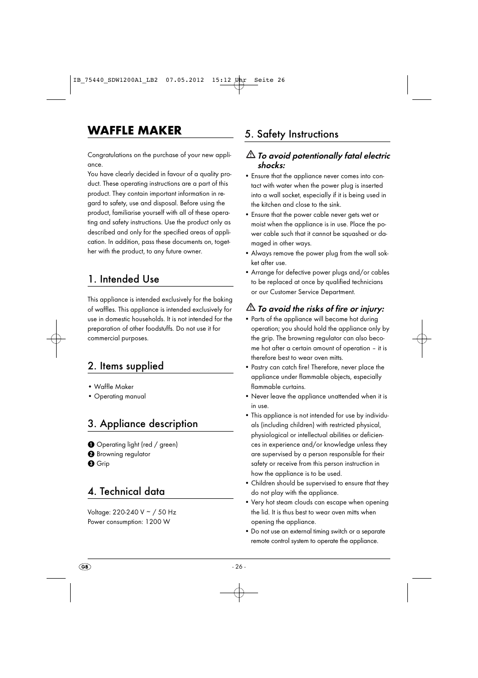 Waffle maker, Intended use, Items supplied | Appliance description, Technical data, Safety instructions | Silvercrest SDW 1200 A1 User Manual | Page 28 / 34