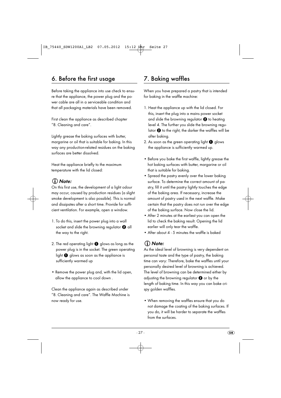 Before the first usage, Baking waffles | Silvercrest SDW 1200 A1 User Manual | Page 29 / 34