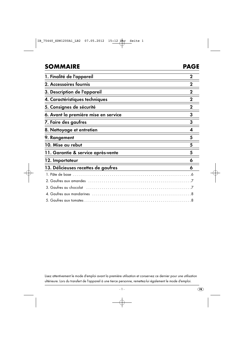 Sommaire page | Silvercrest SDW 1200 A1 User Manual | Page 3 / 34