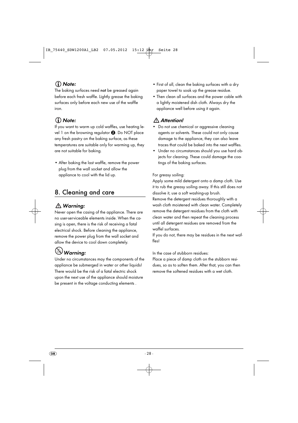 Cleaning and care, Warning, Attention | Silvercrest SDW 1200 A1 User Manual | Page 30 / 34