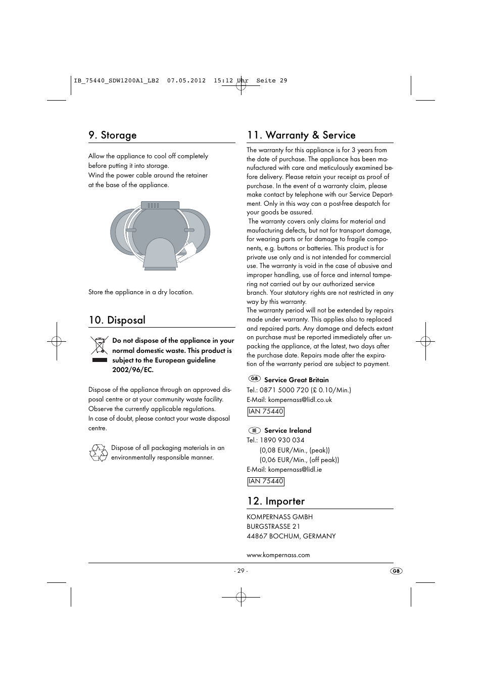 Storage, Disposal, Warranty & service | Importer | Silvercrest SDW 1200 A1 User Manual | Page 31 / 34