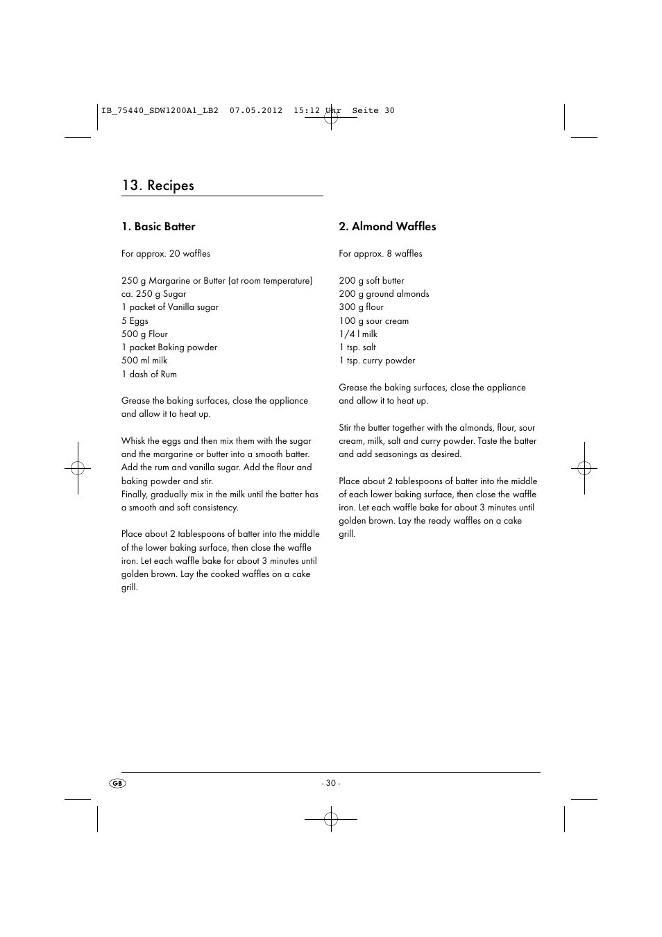 Recipes, Basic batter, Almond waffles | Silvercrest SDW 1200 A1 User Manual | Page 32 / 34