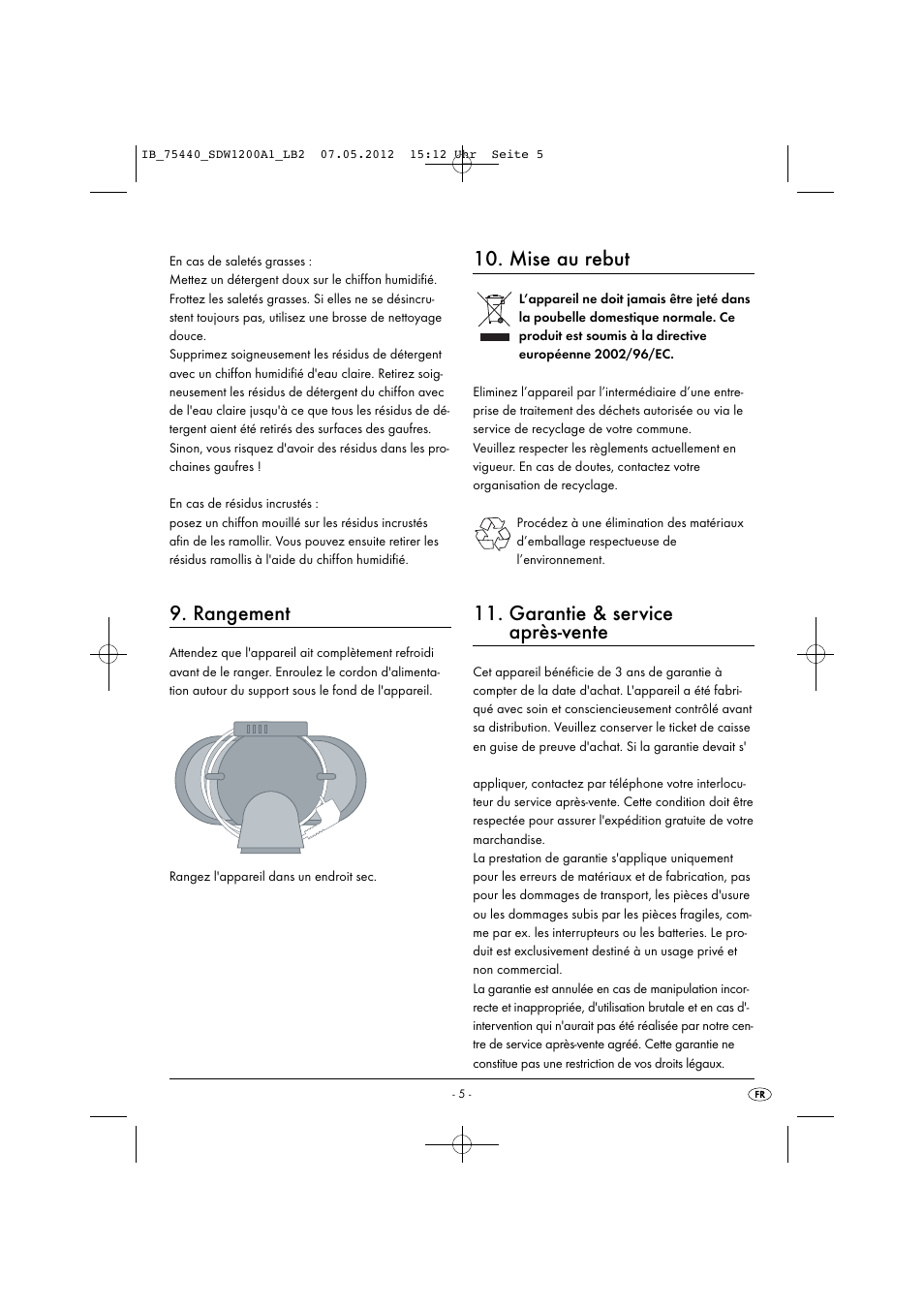 Rangement, Mise au rebut, Garantie & service après-vente | Silvercrest SDW 1200 A1 User Manual | Page 7 / 34