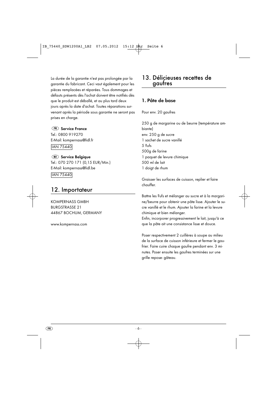 Importateur, Délicieuses recettes de gaufres | Silvercrest SDW 1200 A1 User Manual | Page 8 / 34