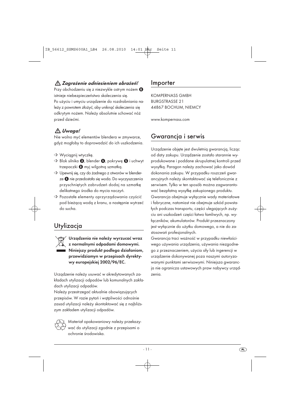 Utylizacja, Importer, Gwarancja i serwis | Silvercrest SSMS 600 A1 User Manual | Page 13 / 37