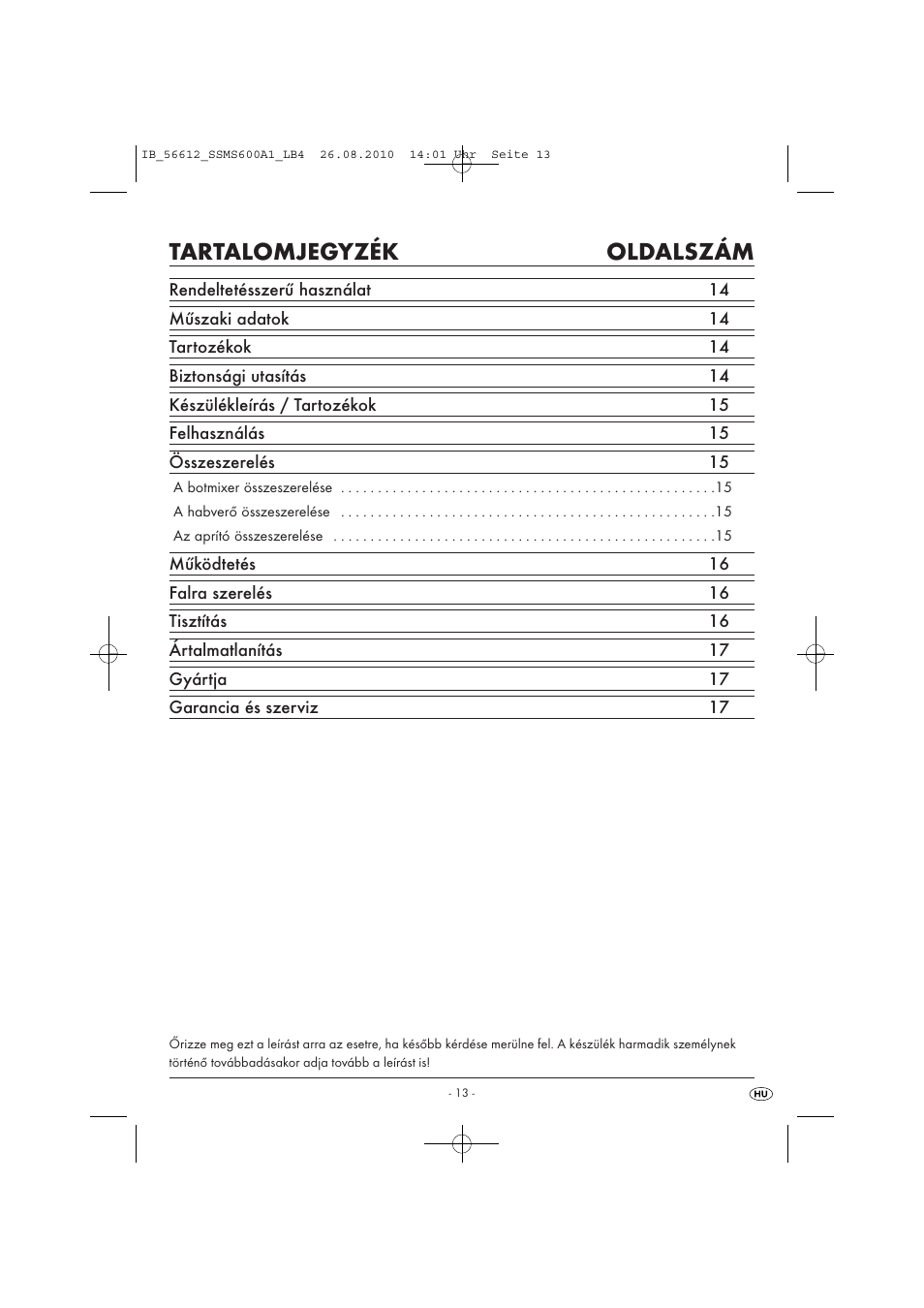 Tartalomjegyzék oldalszám | Silvercrest SSMS 600 A1 User Manual | Page 15 / 37