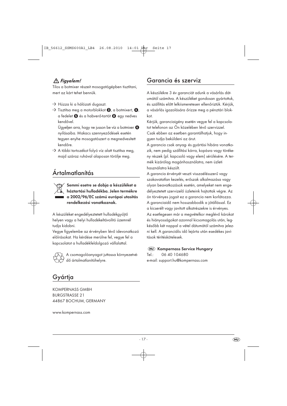 Ártalmatlanítás, Gyártja, Garancia és szerviz | Silvercrest SSMS 600 A1 User Manual | Page 19 / 37