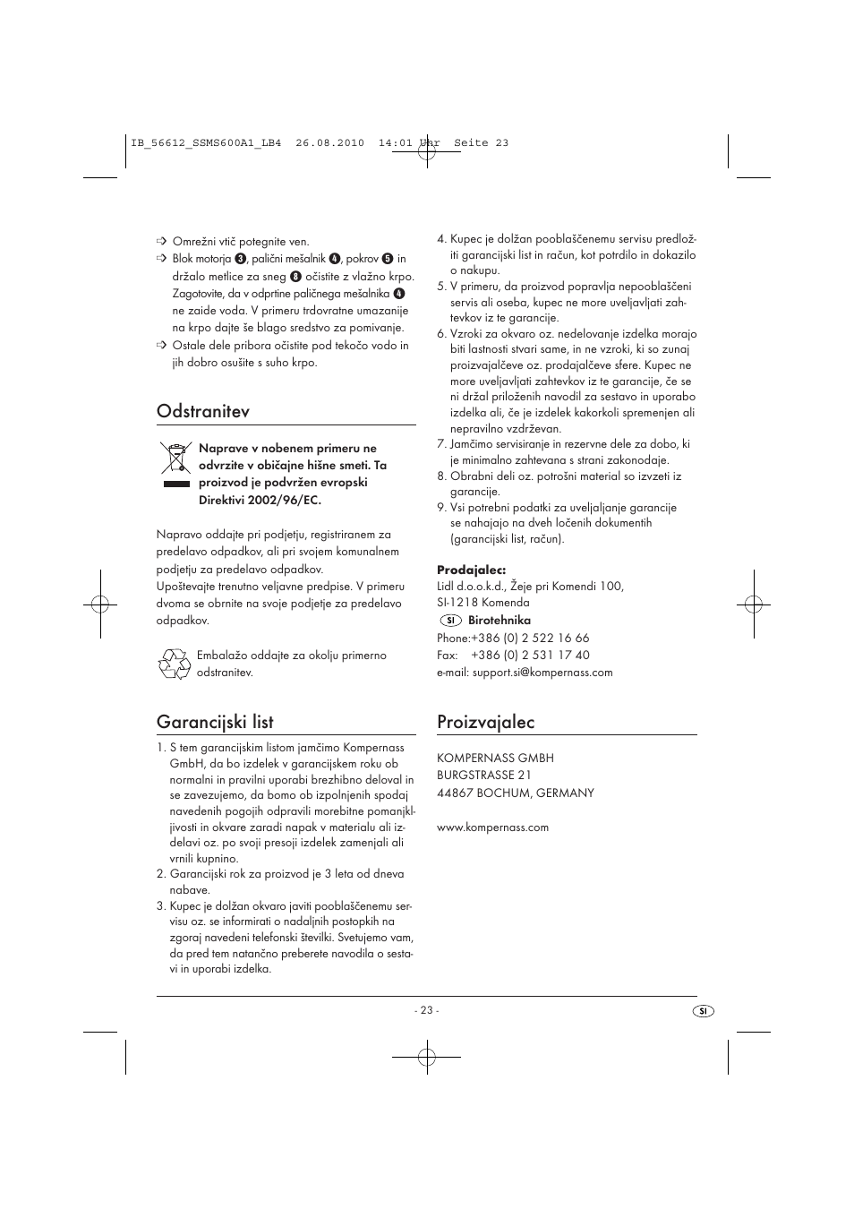 Odstranitev, Garancijski list, Proizvajalec | Silvercrest SSMS 600 A1 User Manual | Page 25 / 37