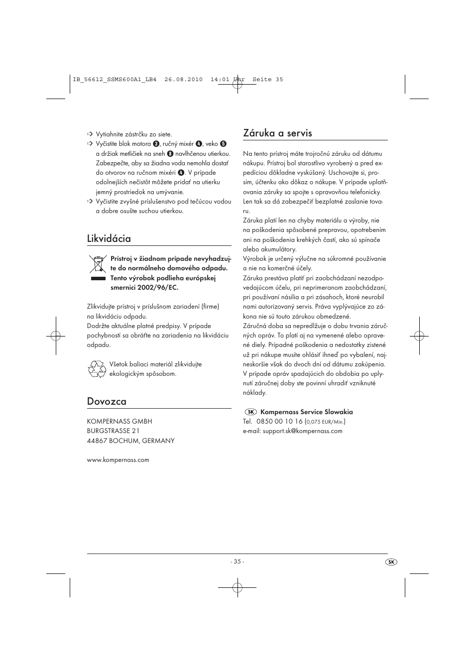 Likvidácia, Dovozca, Záruka a servis | Silvercrest SSMS 600 A1 User Manual | Page 37 / 37