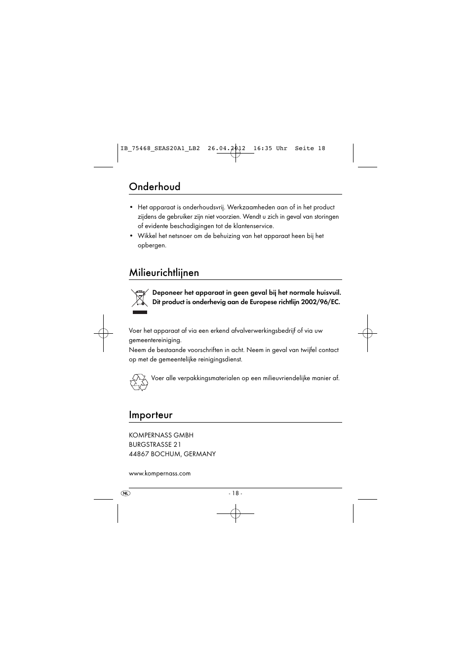 Onderhoud, Milieurichtlijnen, Importeur | Silvercrest SEAS 20 A1 User Manual | Page 20 / 42
