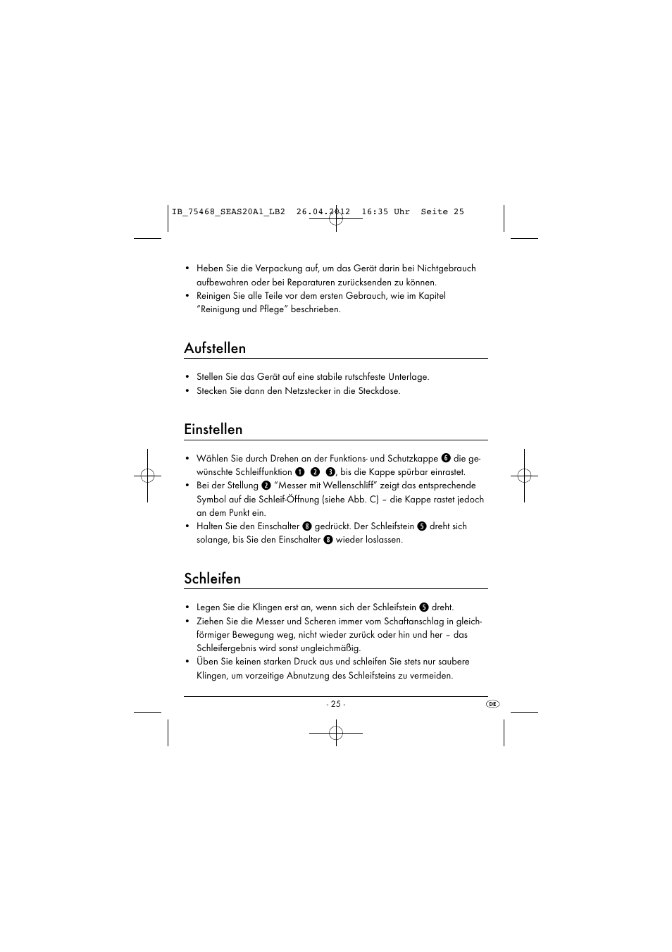 Aufstellen, Einstellen, Schleifen | Q w e | Silvercrest SEAS 20 A1 User Manual | Page 27 / 42
