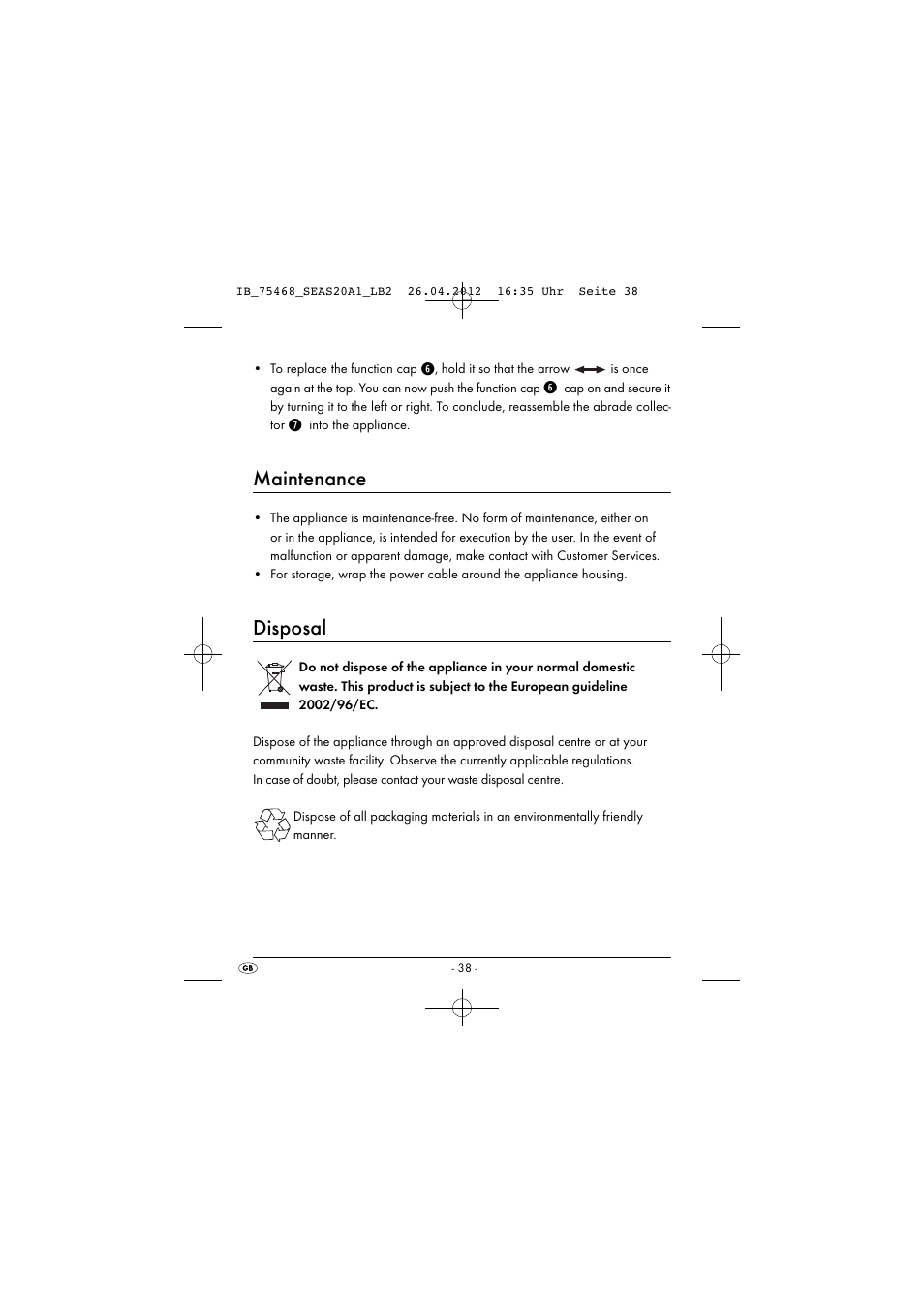 Maintenance, Disposal | Silvercrest SEAS 20 A1 User Manual | Page 40 / 42