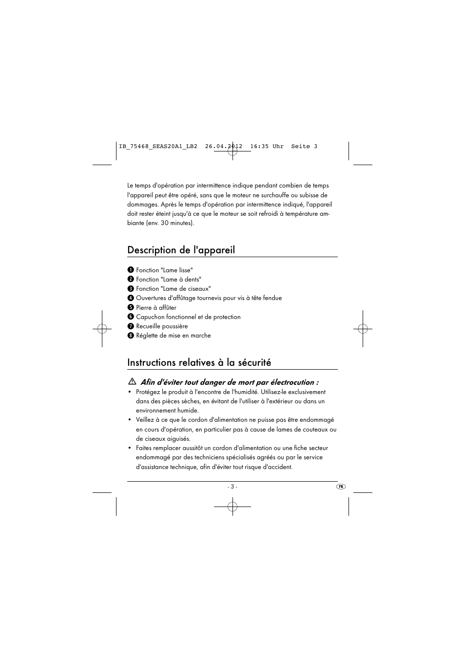 Description de l'appareil, Instructions relatives à la sécurité | Silvercrest SEAS 20 A1 User Manual | Page 5 / 42