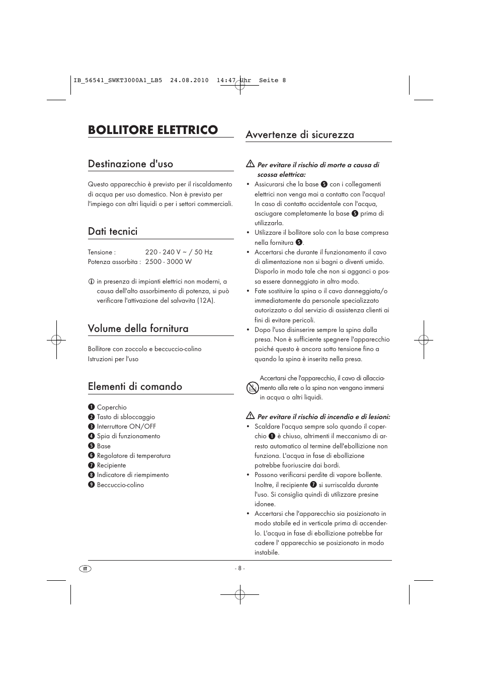 Bollitore elettrico, Destinazione d'uso, Dati tecnici | Volume della fornitura, Elementi di comando, Avvertenze di sicurezza | Silvercrest SWKT 3000 A1 User Manual | Page 10 / 32