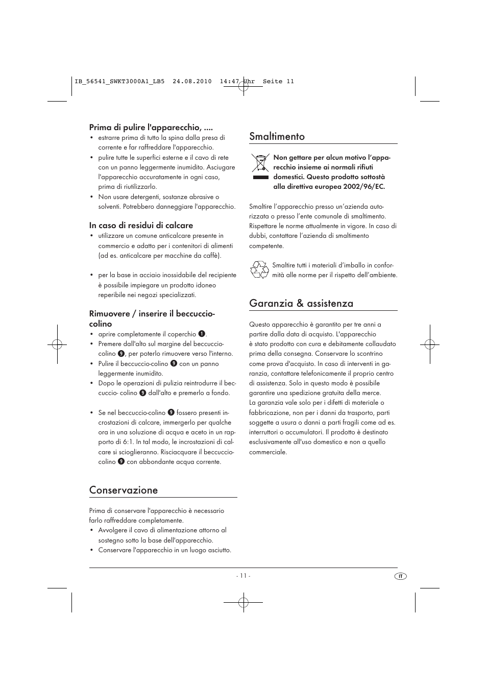 Conservazione, Smaltimento, Garanzia & assistenza | Silvercrest SWKT 3000 A1 User Manual | Page 13 / 32