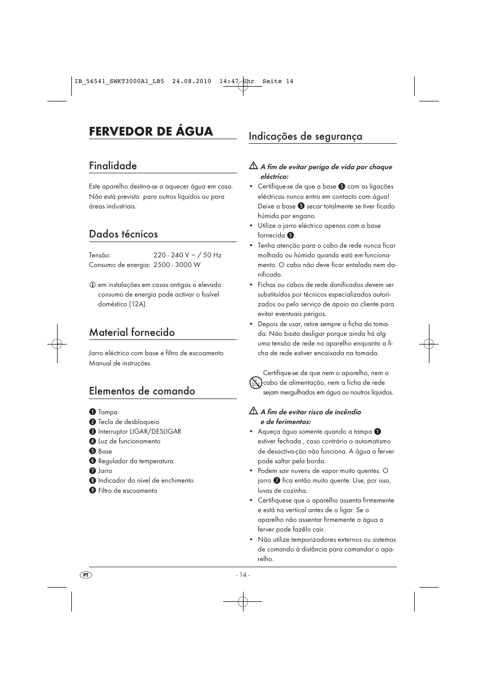 Fervedor de água, Finalidade, Dados técnicos | Material fornecido, Elementos de comando, Indicações de segurança | Silvercrest SWKT 3000 A1 User Manual | Page 16 / 32