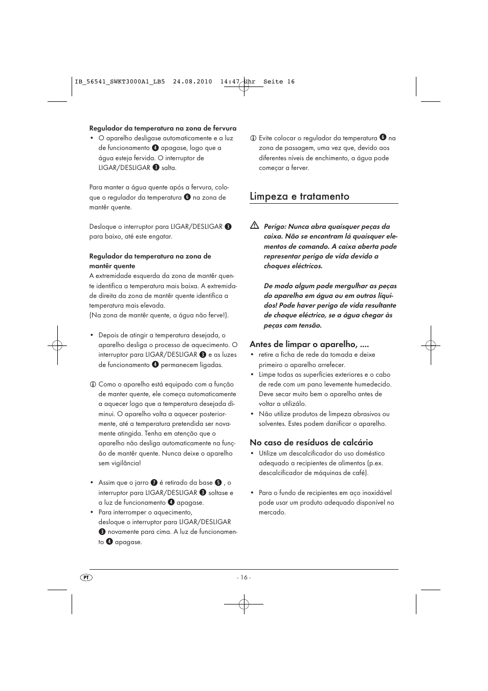 Limpeza e tratamento, Antes de limpar o aparelho, No caso de resíduos de calcário | Silvercrest SWKT 3000 A1 User Manual | Page 18 / 32