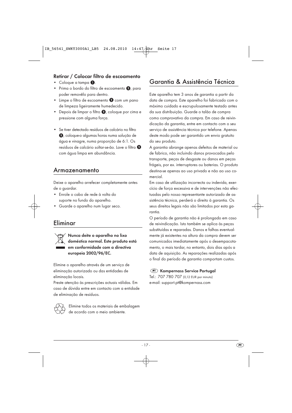 Armazenamento, Eliminar, Garantia & assistência técnica | Silvercrest SWKT 3000 A1 User Manual | Page 19 / 32
