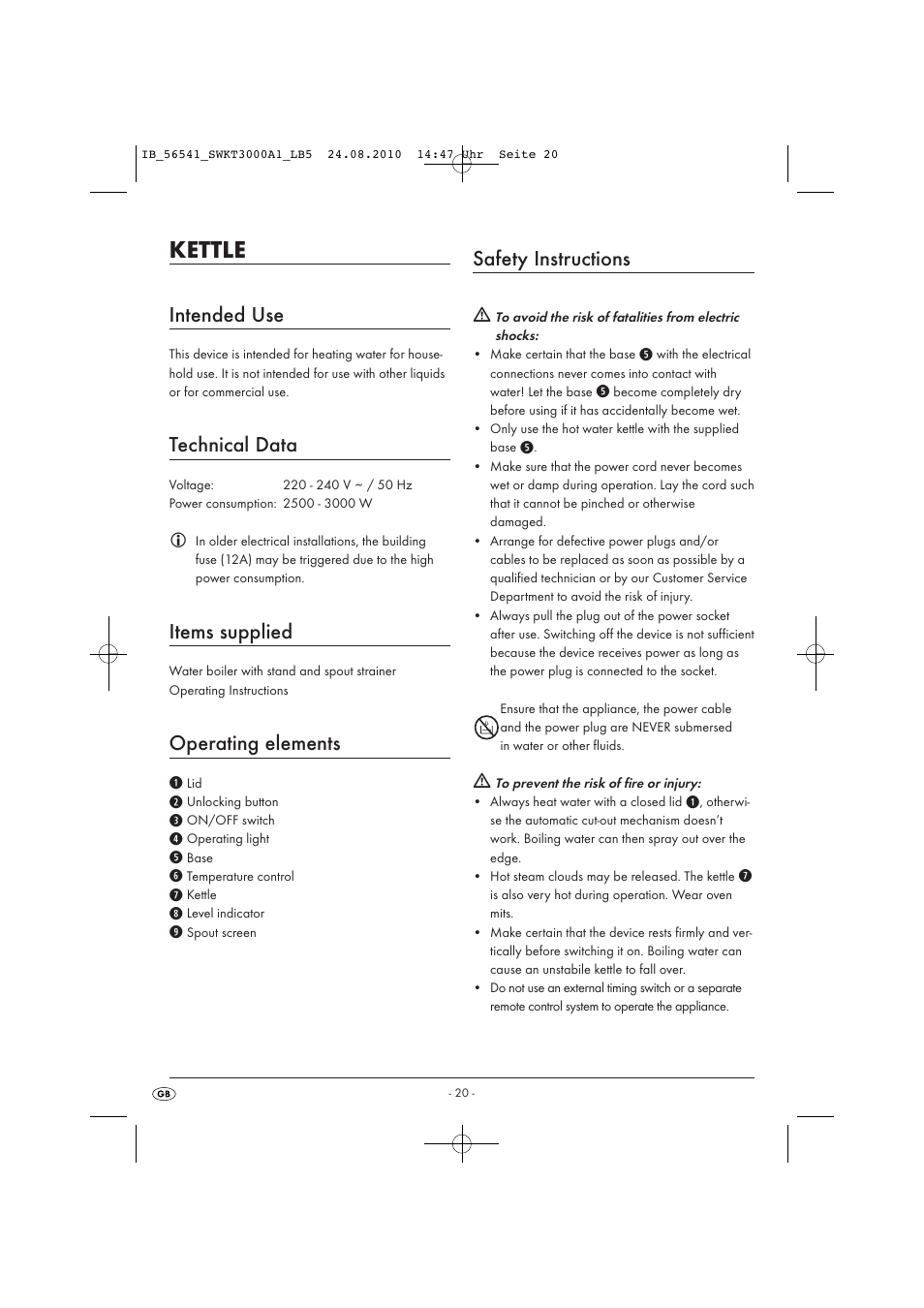 Kettle, Intended use, Technical data | Items supplied, Operating elements, Safety instructions | Silvercrest SWKT 3000 A1 User Manual | Page 22 / 32